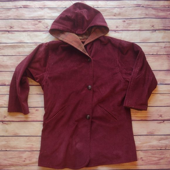 The J Peterman Co Women's Reversible Wool Corduroy Coat Size Medium Plaid Maroon - Picture 2 of 10